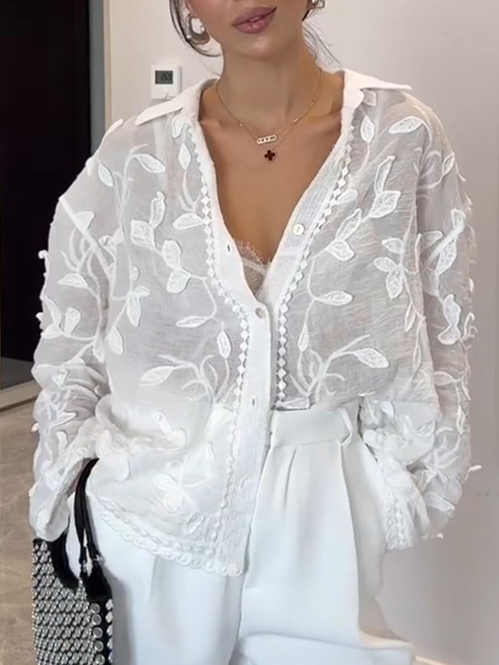 Exquisite Lapel Long Sleeves Embroidered Loose Top