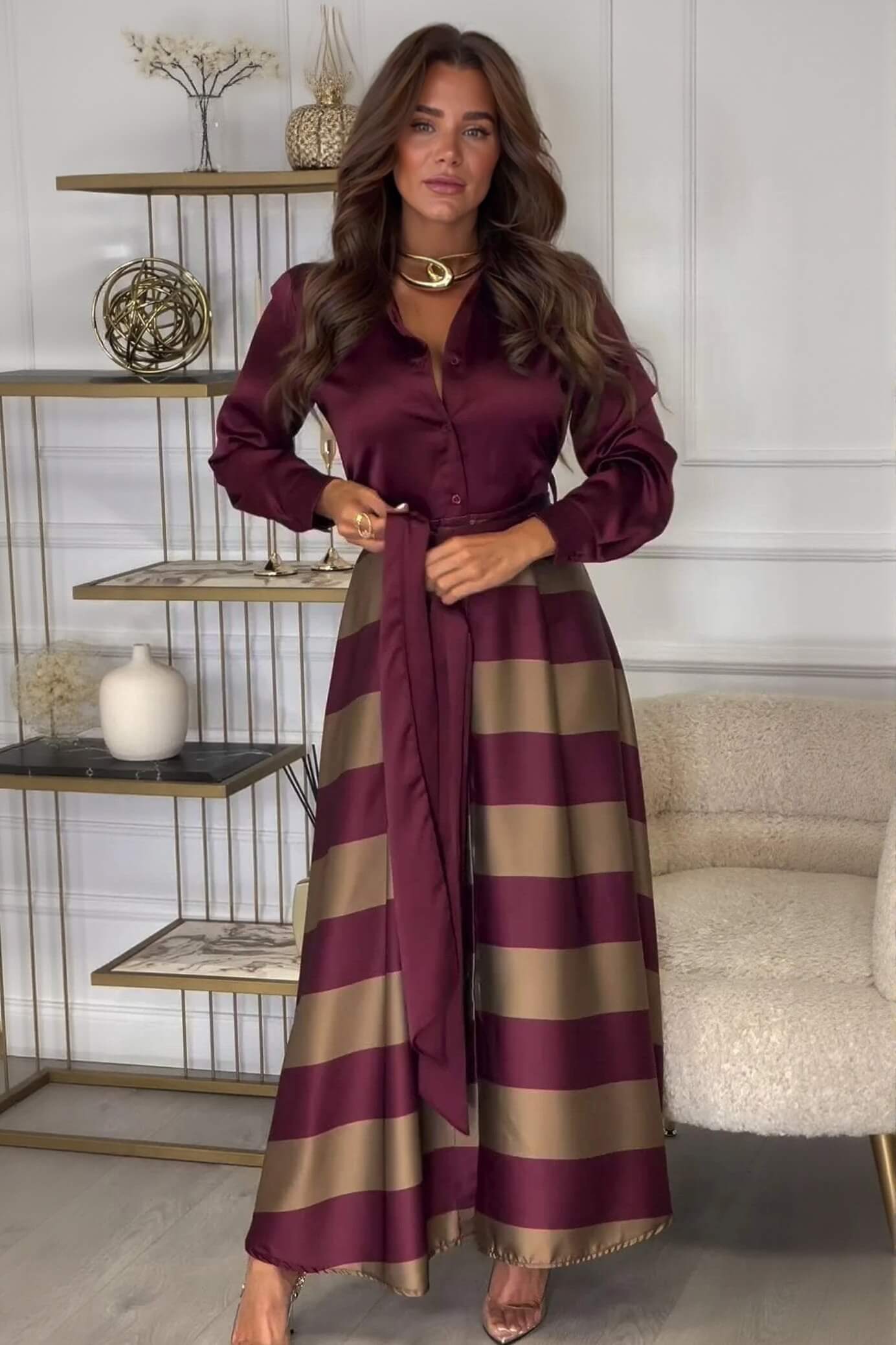 Exquisite Red Striped Print Patchwork Collared Maxi Dress