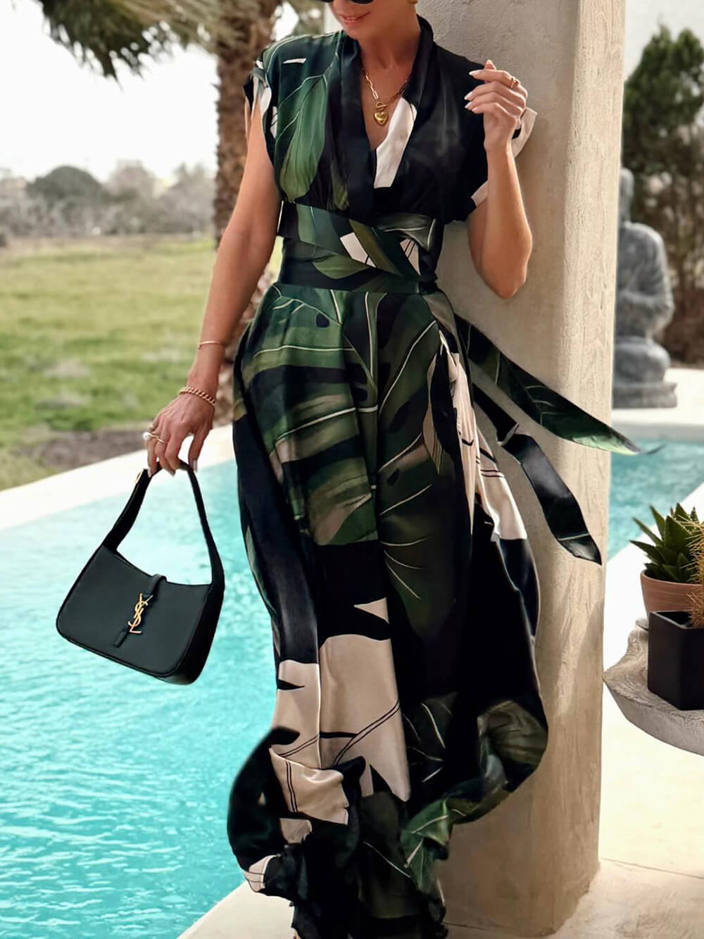 Bohemian Palm Leaf Print Maxi Dress