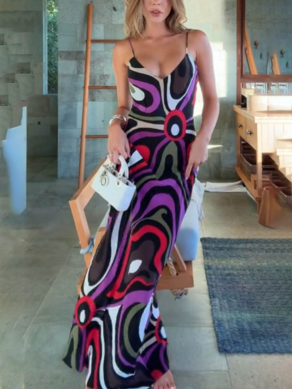 Retro Printed Satin Backless Maxi Dress