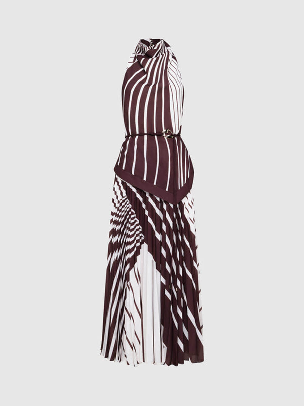 Elegant Striped Print Asymmetrical Hem Pleated Maxi Dress