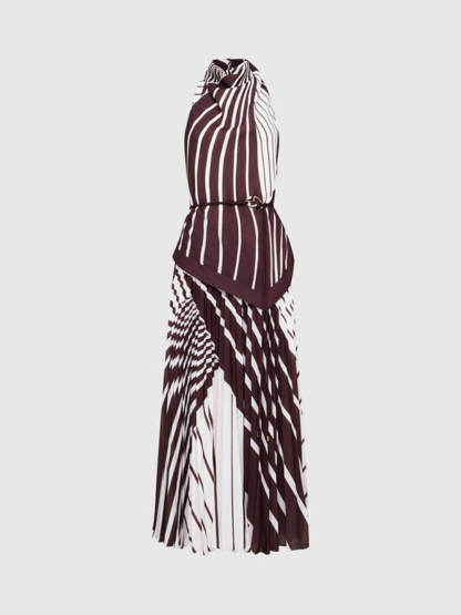 Elegant Striped Print Asymmetrical Hem Pleated Maxi Dress