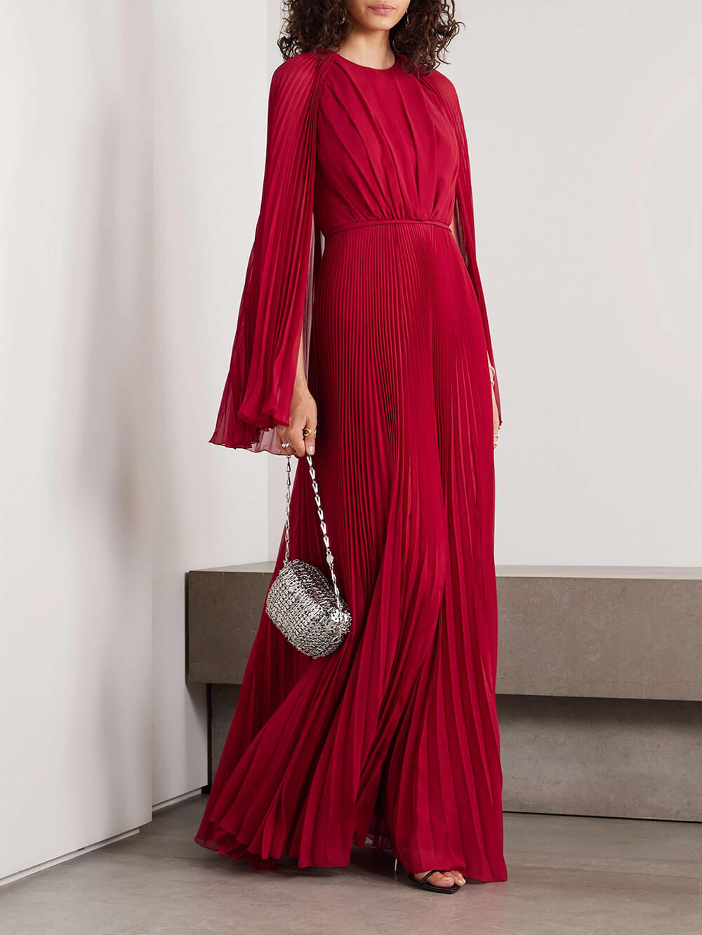 Exquisite Cape Effect Pleated Chiffon Maxi Dress