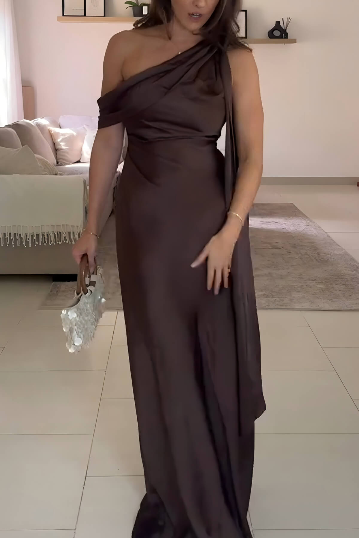 Elegant One-Shoulder Ruched Tie Detail Maxi Dress