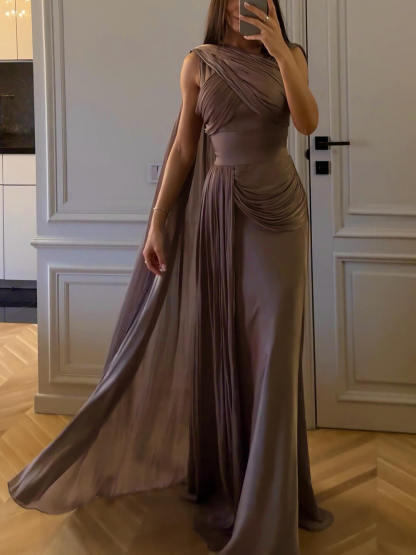 Elegant Draped Sash Satin Evening Gown Maxi Dress