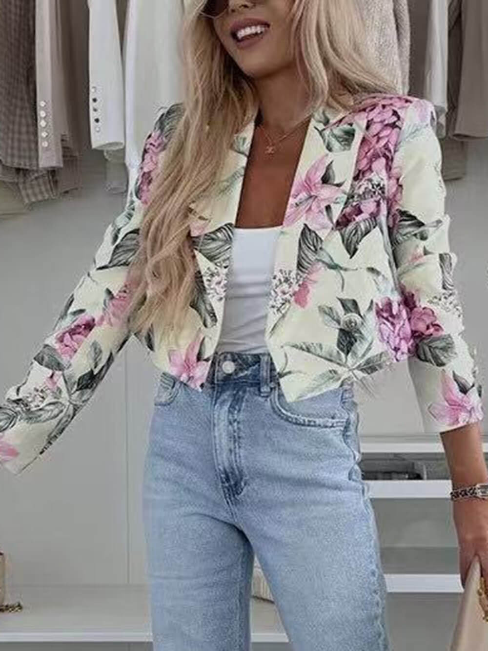 Stylish Botanical Print Cropped Blazer