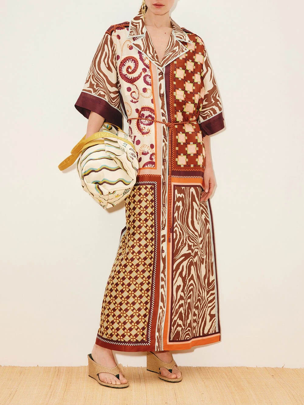 Unique Color-Block Print Side Pocket Loose Maxi Shirtdress