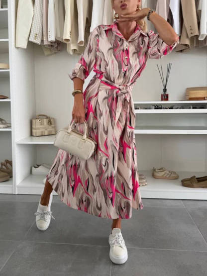 Elegant Ease Satin Printed Tie-Waist Midi Dress