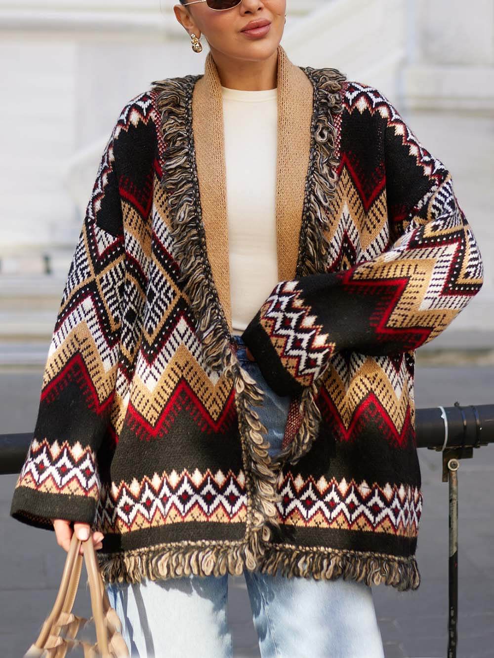 Retro Ethnic Print Fringe Panel Loose Cardigan