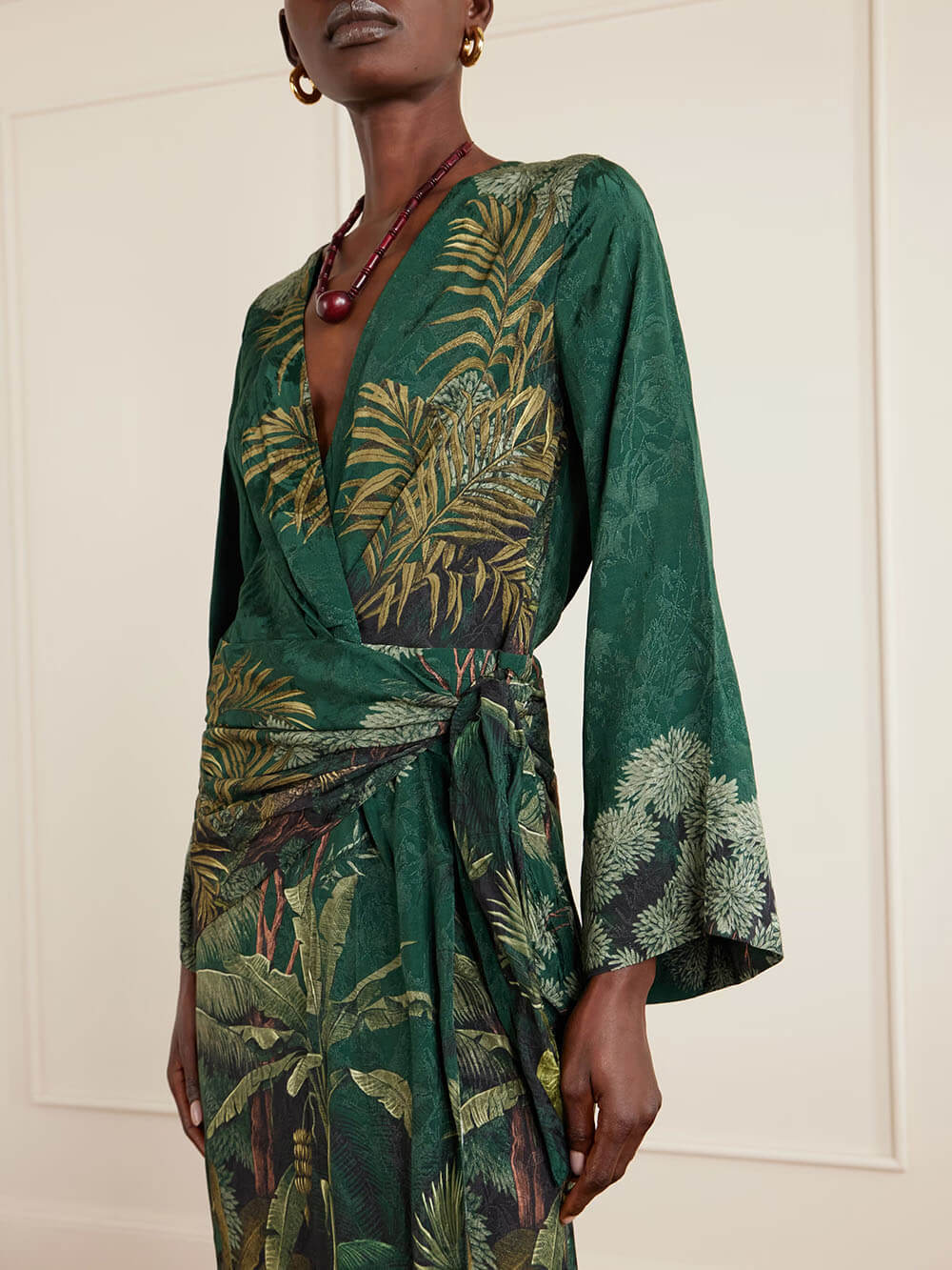 Fashionable Printed Satin Wrap Midi Dress