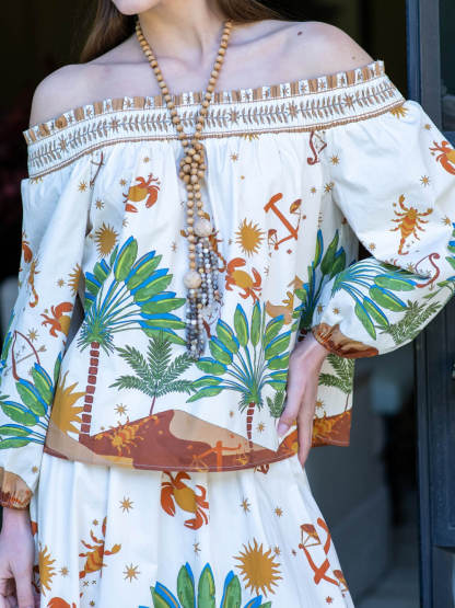 Modern Unique Satin Print Off-Shoulder Shirt and Elastic Waist Skirt Set