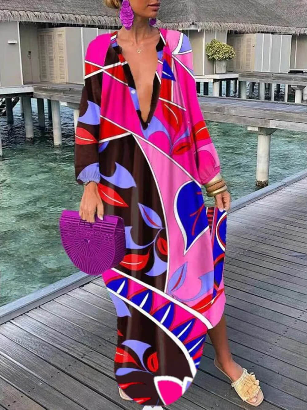 Bohemian V-Neck Printed Maxi Dress