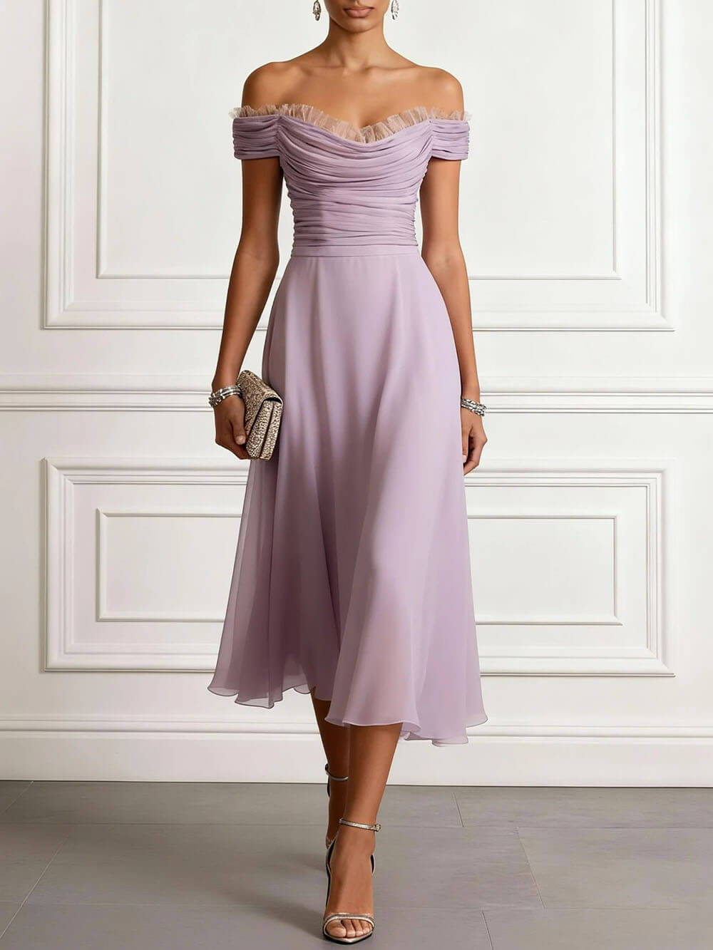 Elegant Peplum Pleated Chiffon Off The Shoulder Sleeveless A-Line Midi Dress