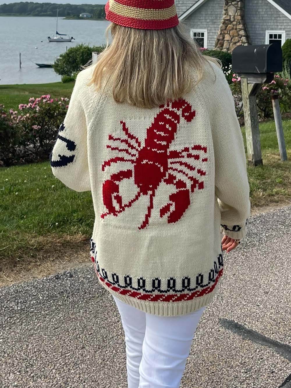 Unique Fashion Lobster Print Casual Long Sleeve Knit Cardigan