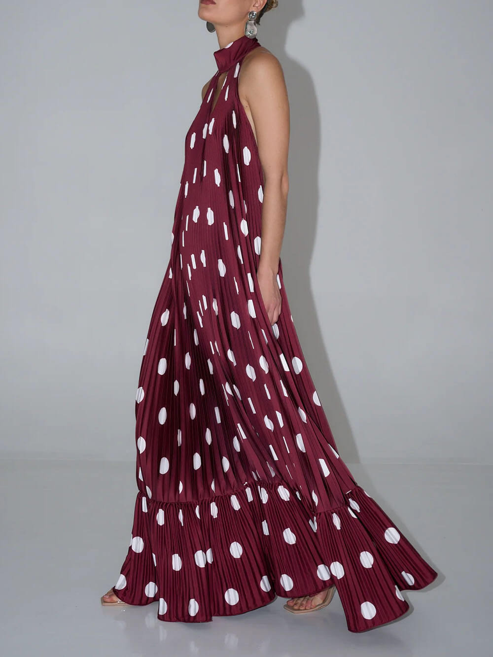 Elegant Polka Dot Backless Halter Evening Gown Maxi Dress