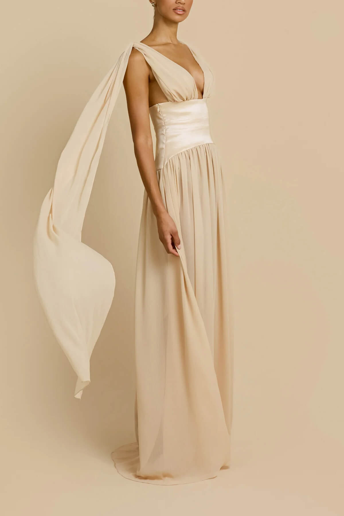 Elegant V-Neck Backless Satin Ruched Maxi Dress