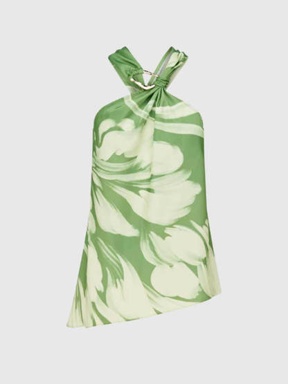 Modern Satin Abstract Floral Print Halter Tank Top