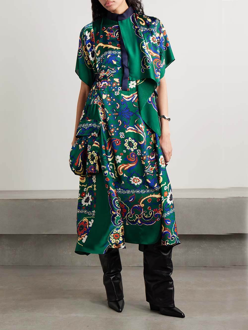 Unique Draped Print Satin Midi Dress