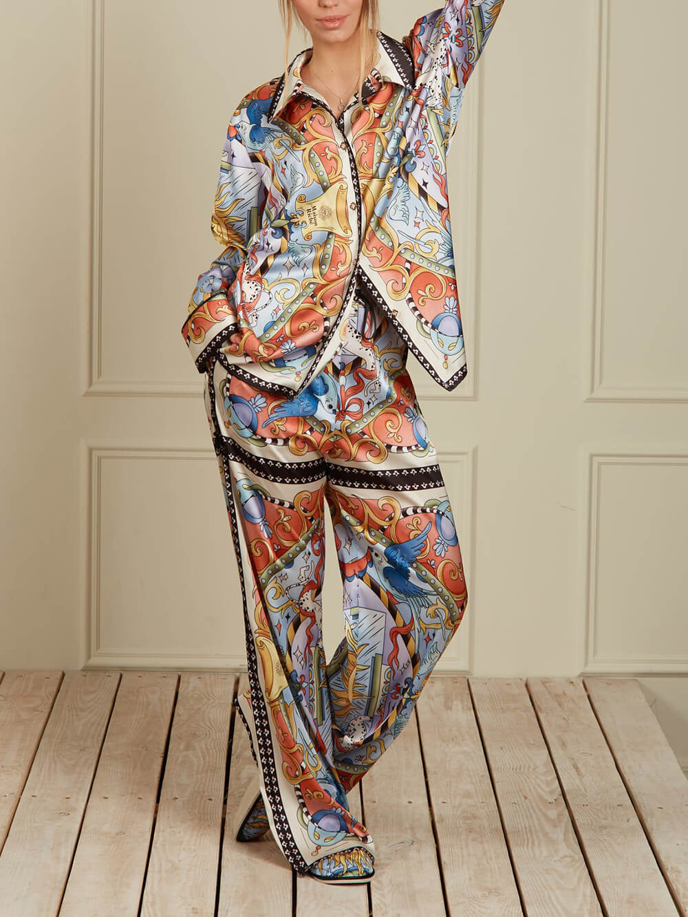 Unique Satin Sunshine Print Turn-Down Collar Loose Fit Shirt And Elastic Waist Wide Leg Pants Set