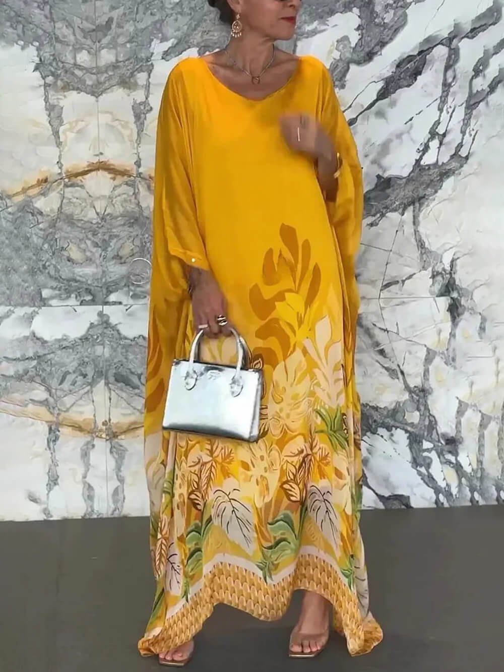 Vacation Plant Print Batwing Sleeve Kaftan Oversized Maxi Dress