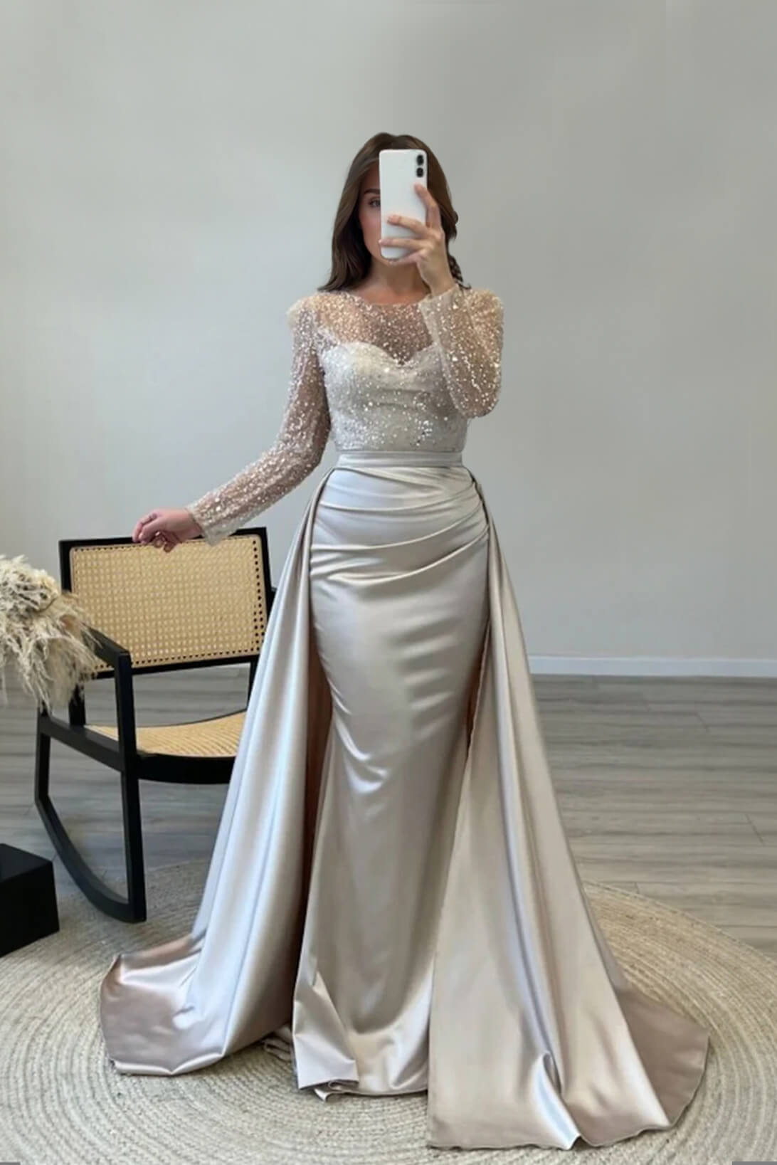 Exquisite Silver Sparkling Rhinestone Sheer Tulle Sleeve Party Maxi Dress