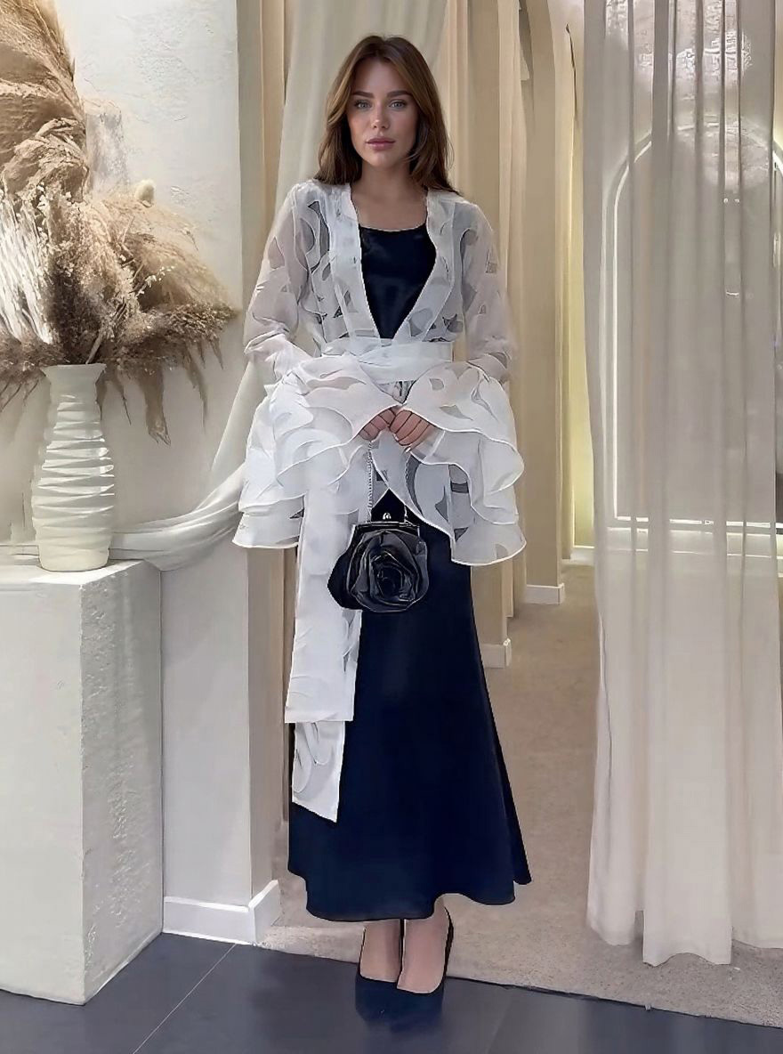 Elegant Ruffled Organza Cardigan & Black Maxi Dress Two-Piece Set