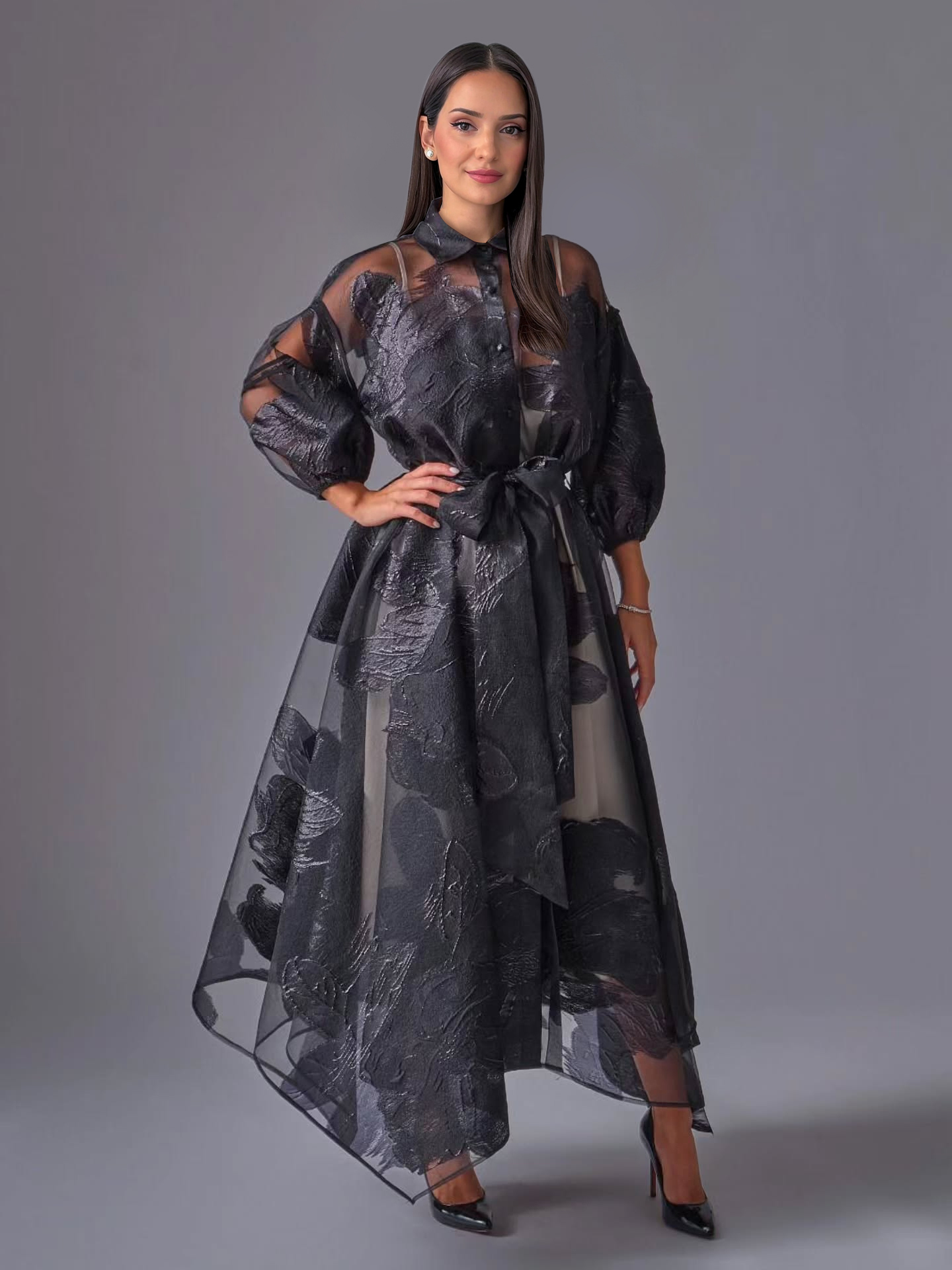 Elegant French Jacquard Shirt-Style Maxi Dress