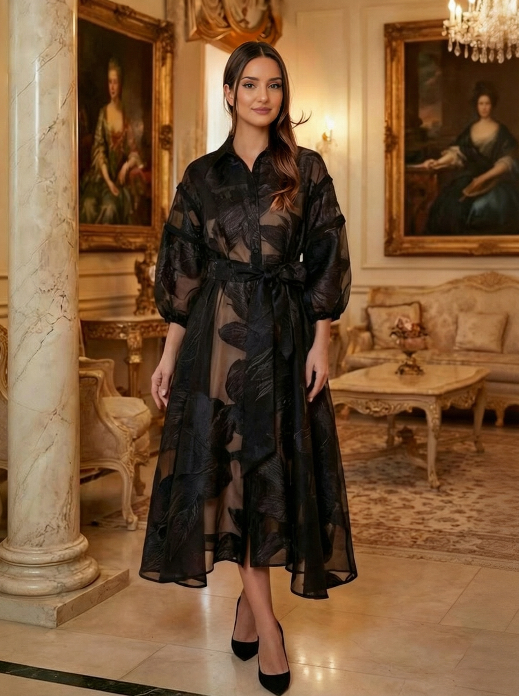 Elegant French Jacquard Shirt-Style Maxi Dress