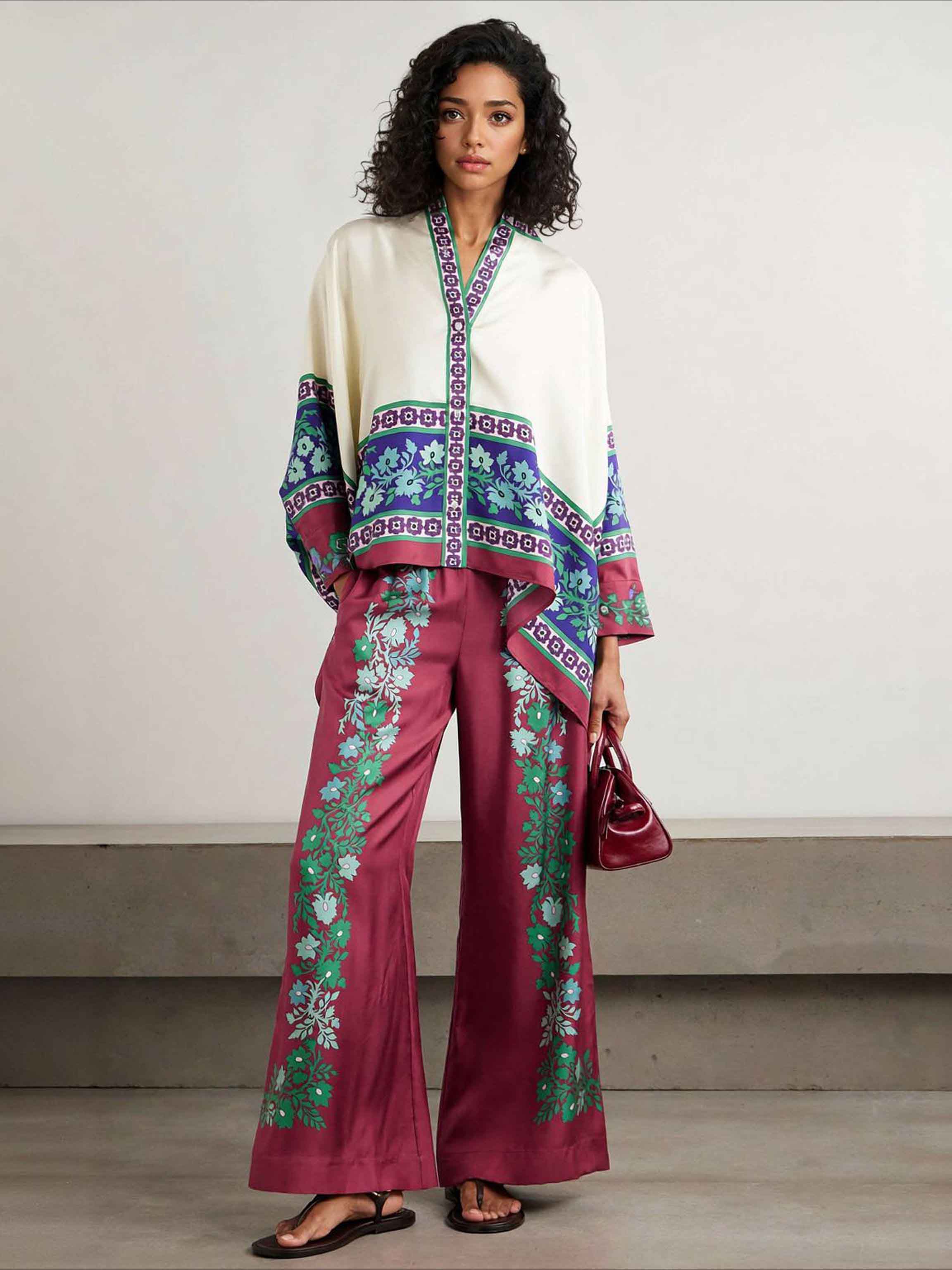 Exquisite Retro Satin Print Batwing Sleeve Shirt