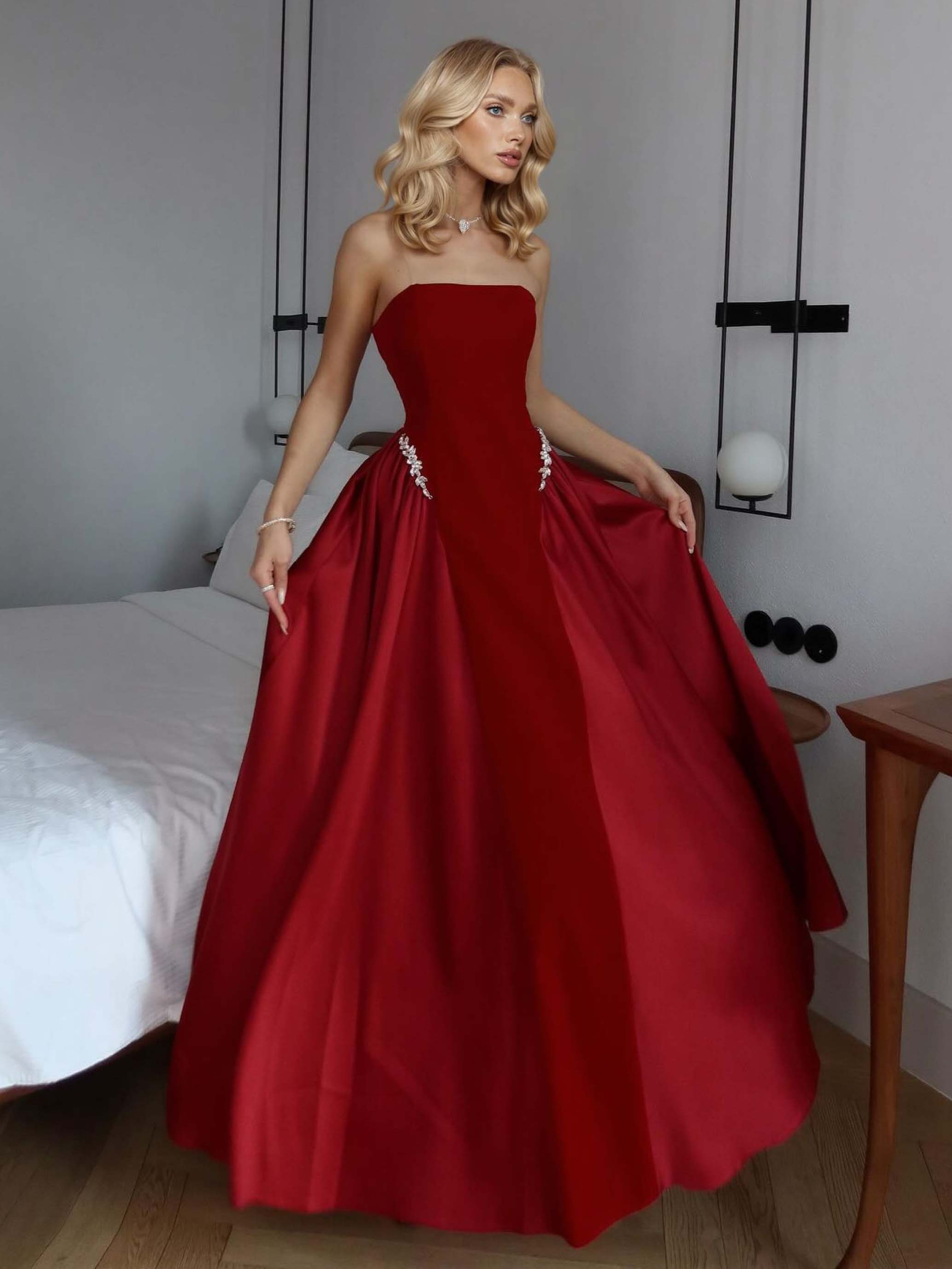 Elegant Red Strapless Evening Maxi Dress