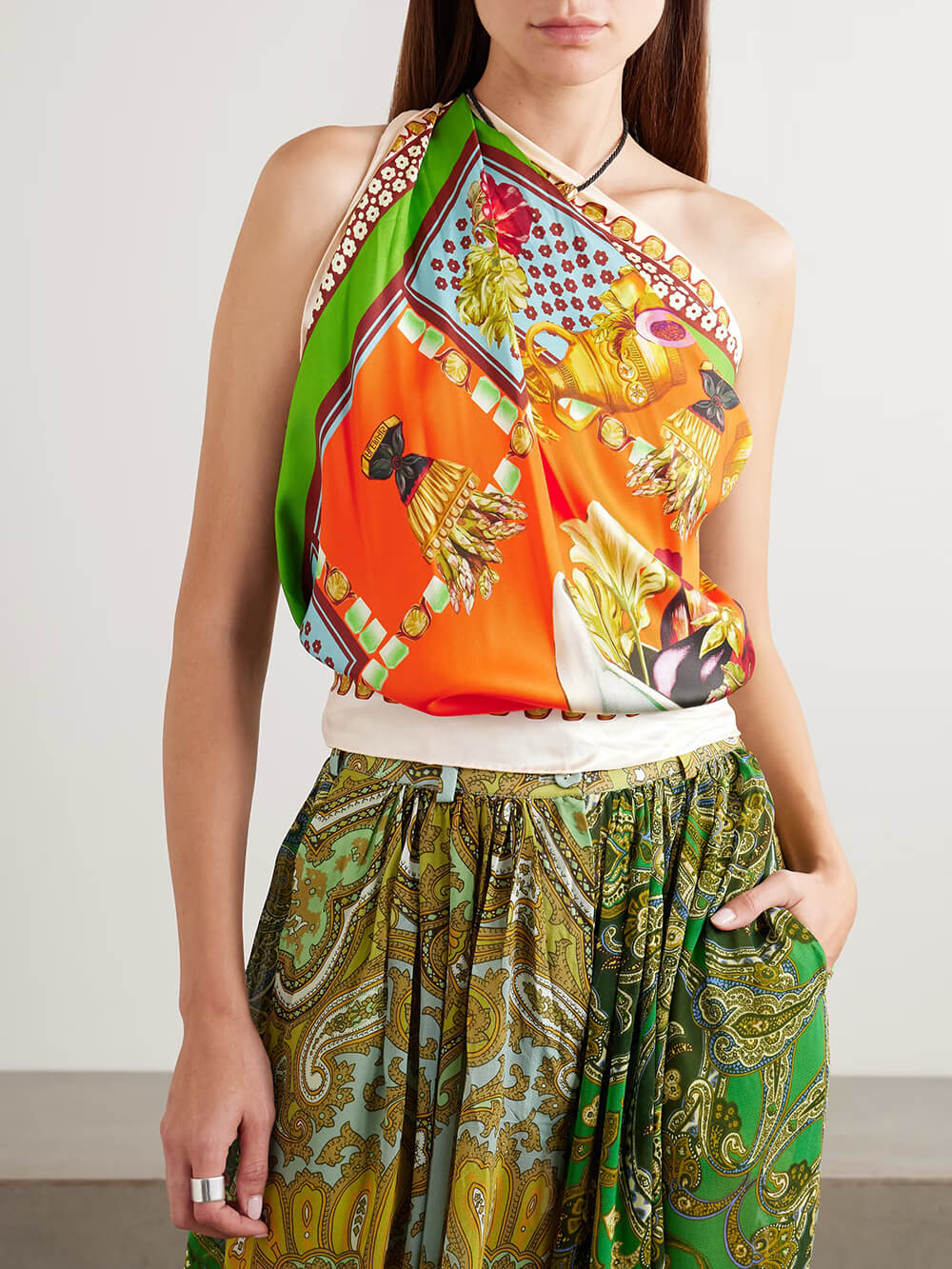 トップス YOSHUYUKI Silk Scarf Patterned Satin Top Unique Print Twill Satin Scarf Tank Top – Likemychoice