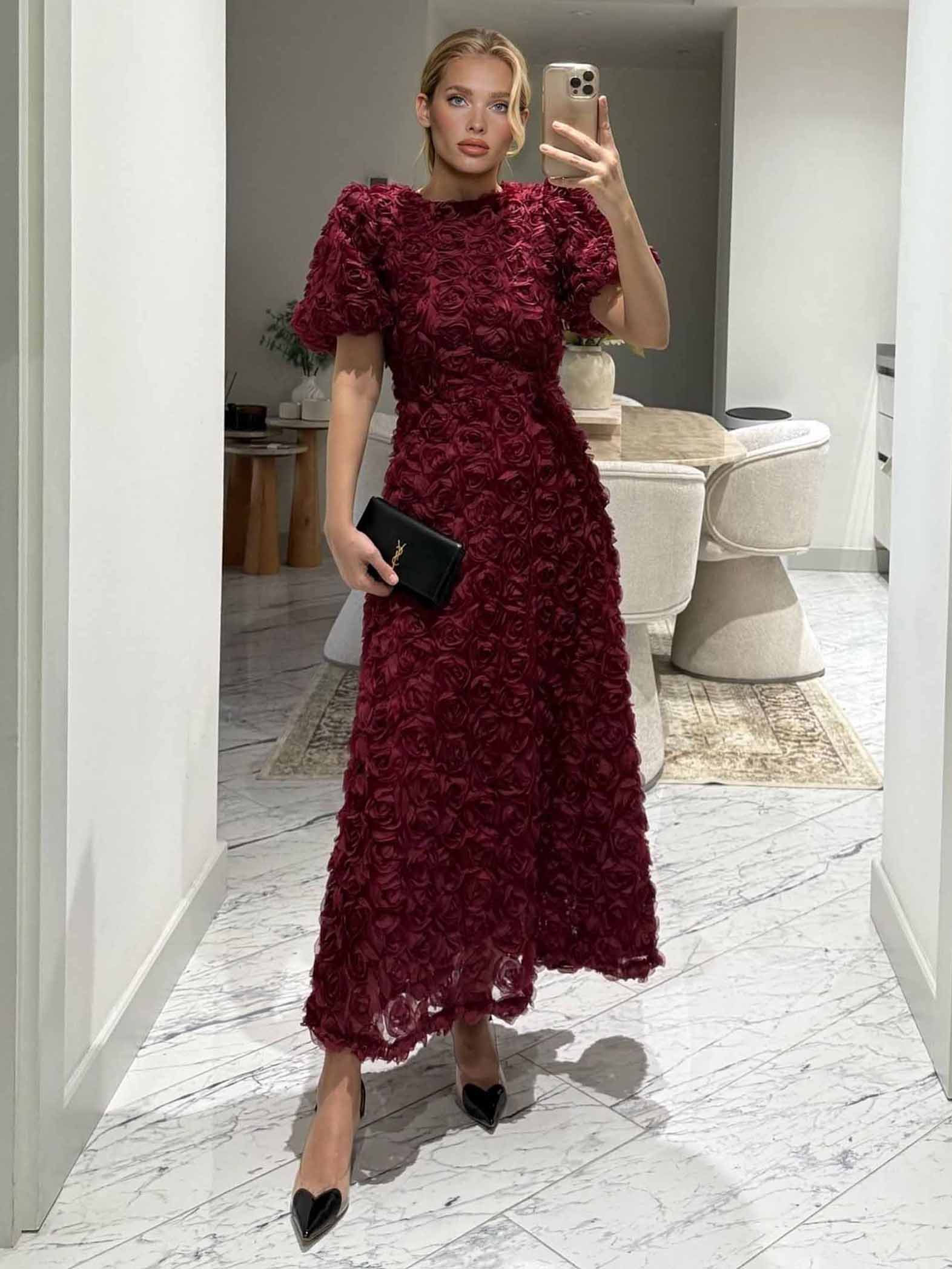 Elegant Rose-patterned Puff-sleeved Maxi Dress