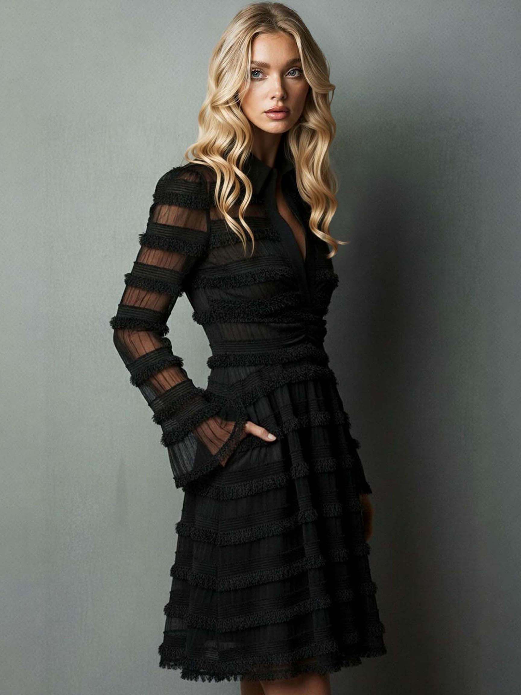 Elegant Tassel Textured Tulle Layered Mini Dress