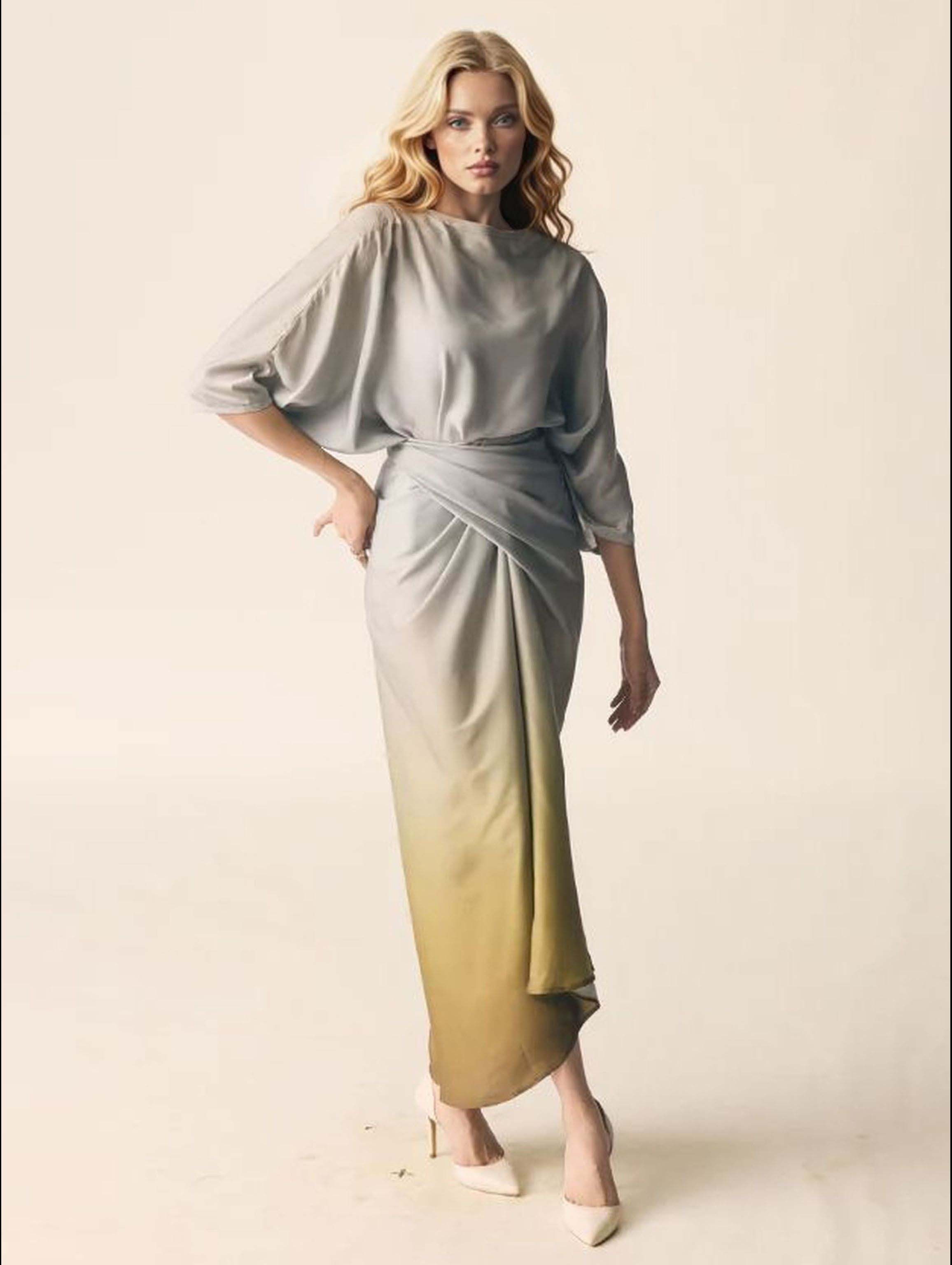 Elegant Gradient Draped Top And Pleated Long Skirt Two-piece Set