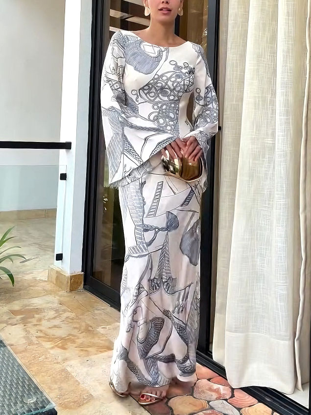 Elegant Abstract Print Flared Sleeve Maxi Dress