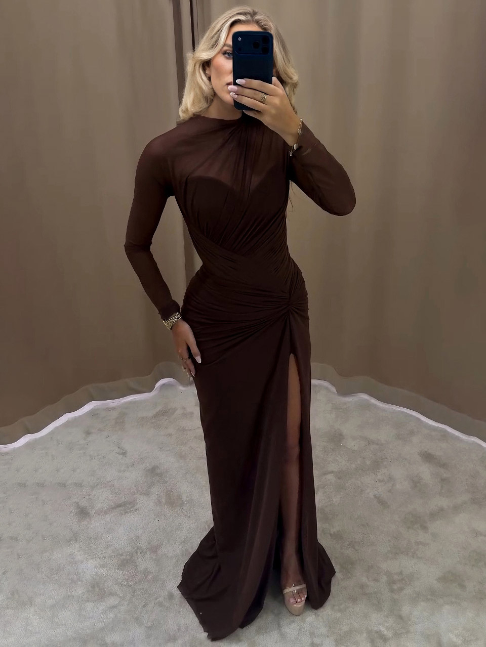 Elegant Draped Long-sleeved Maxi Dress