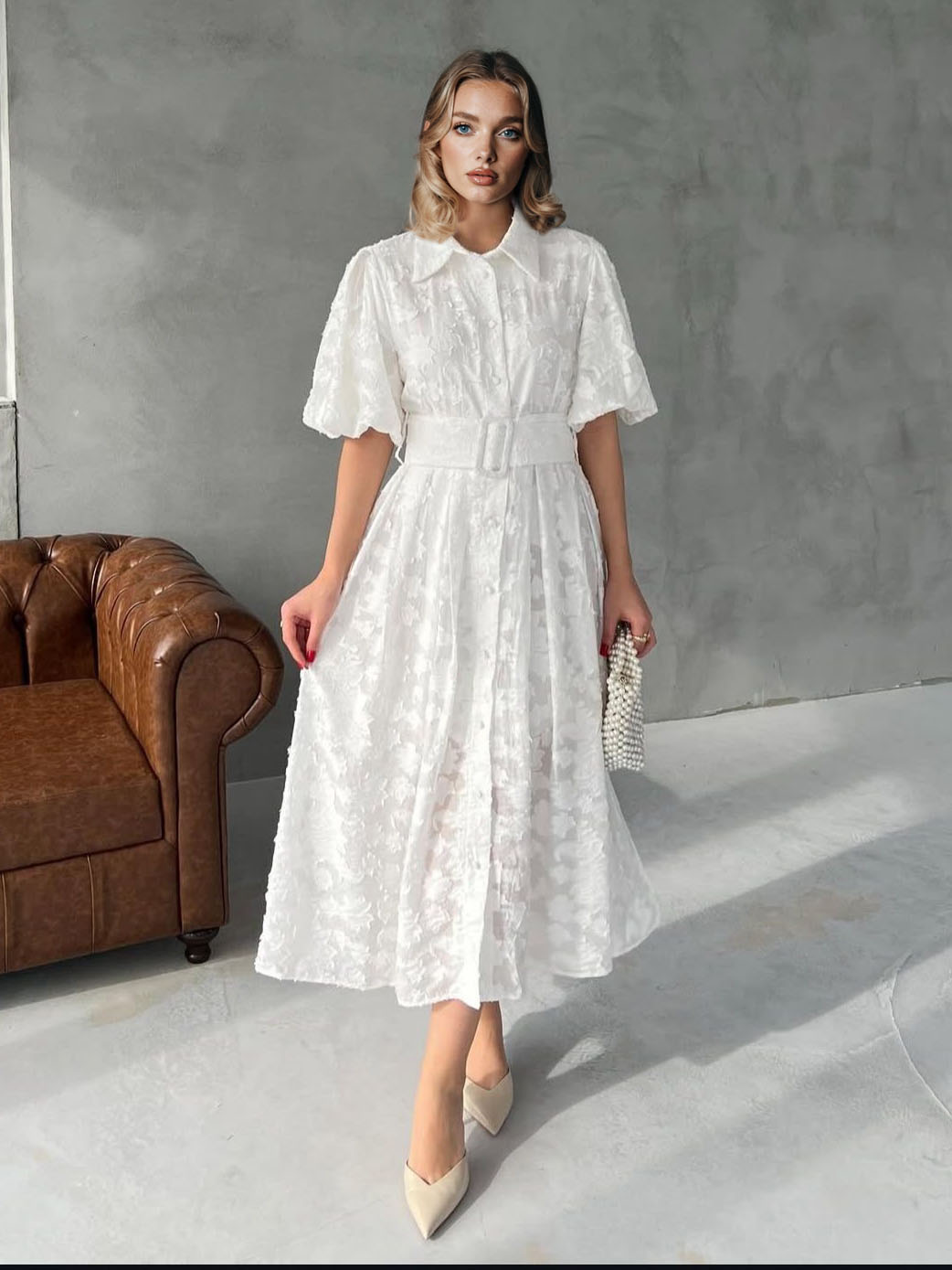 Elegant Textured Belted Shirt Midi Dress