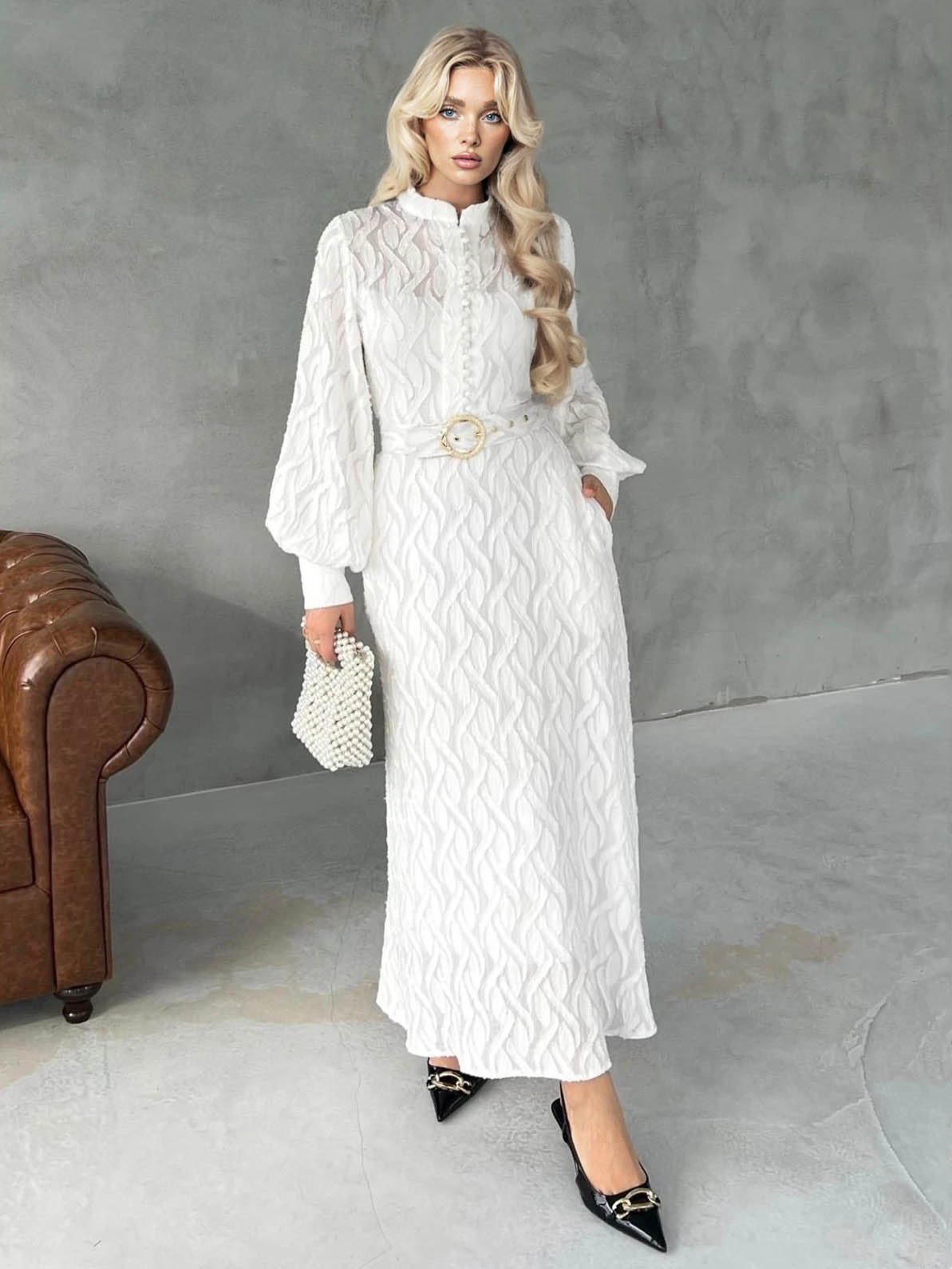 Elegant Jacquard Belt Maxi Dress