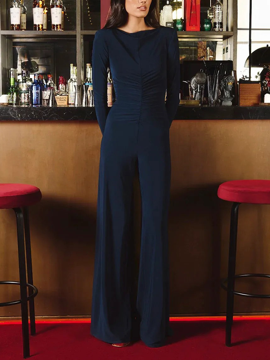 Elegant Backless Pleated Long-sleeved Jumpsuit