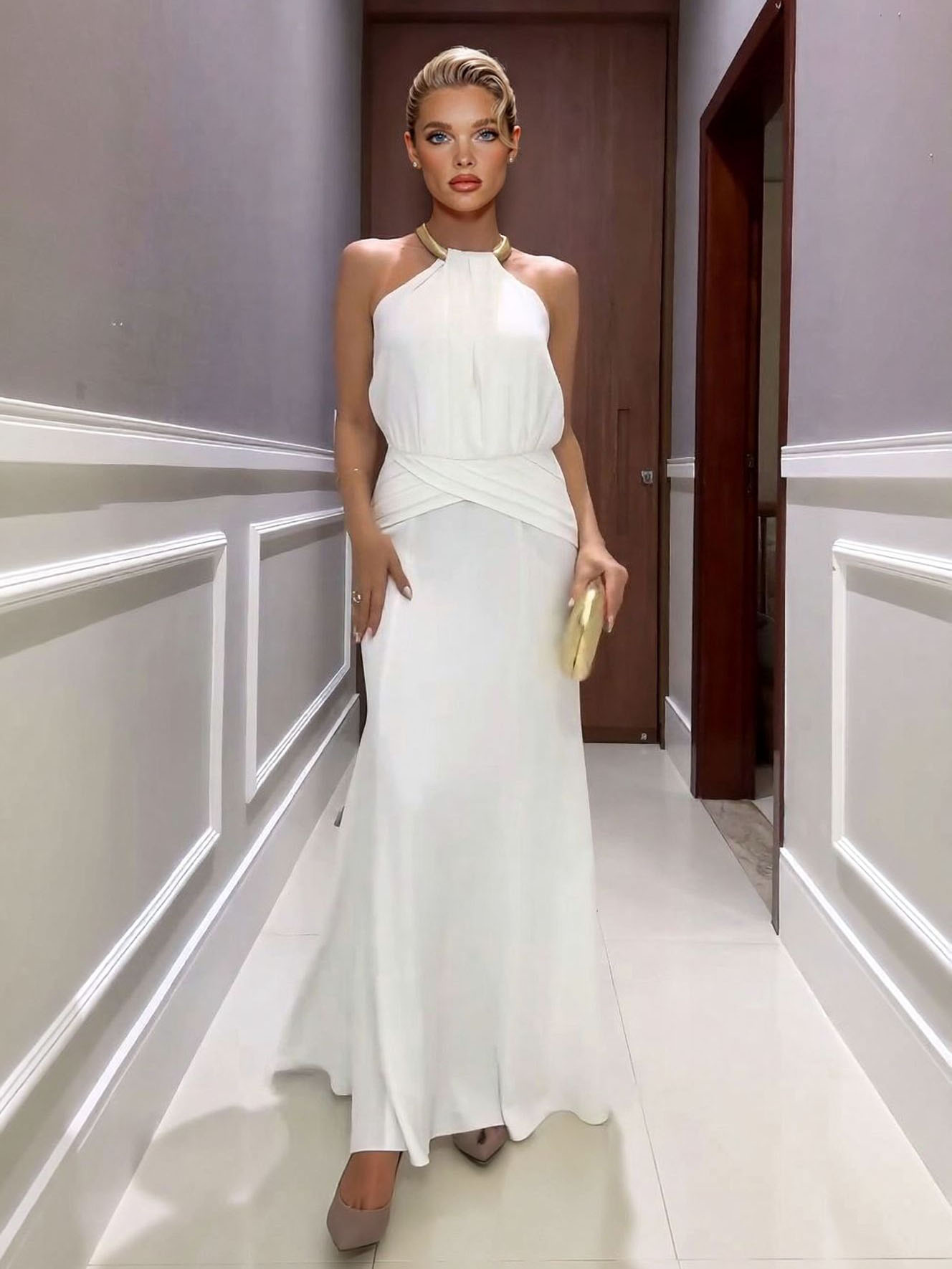 Elegant Halter-Neck Draped Maxi Dress