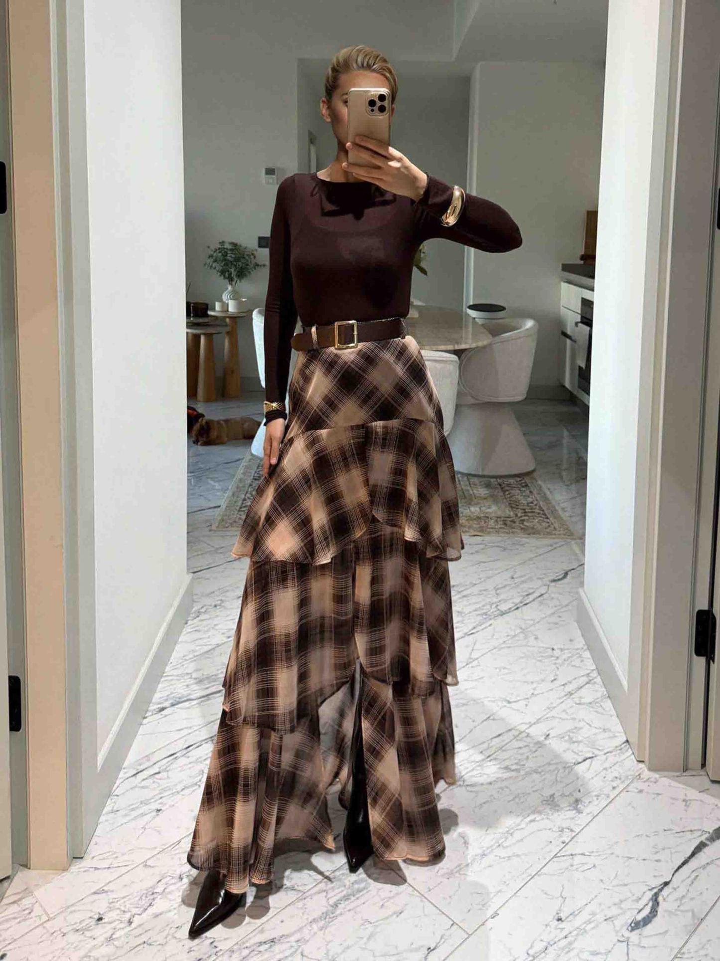 Retro Plaid Layered Ruffle Skirt Two-piece Set