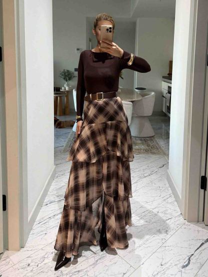 Retro Plaid Layered Ruffle Skirt Two-piece Set