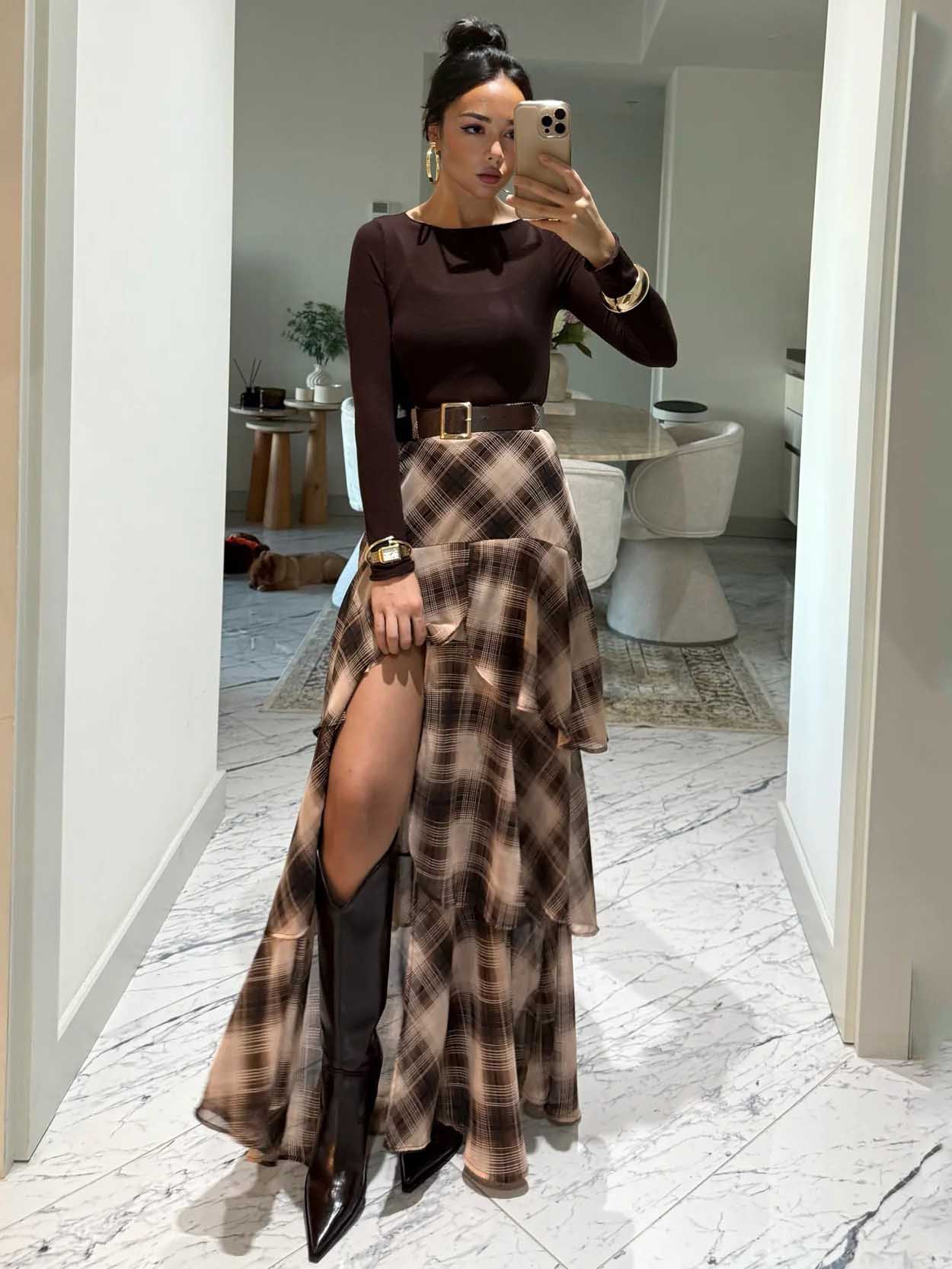 Retro Plaid Layered Ruffle Skirt Two-piece Set