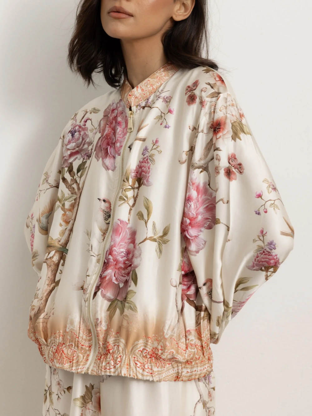 Elegant Floral And Bird Print Zip-up Lantern Sleeve Shirt