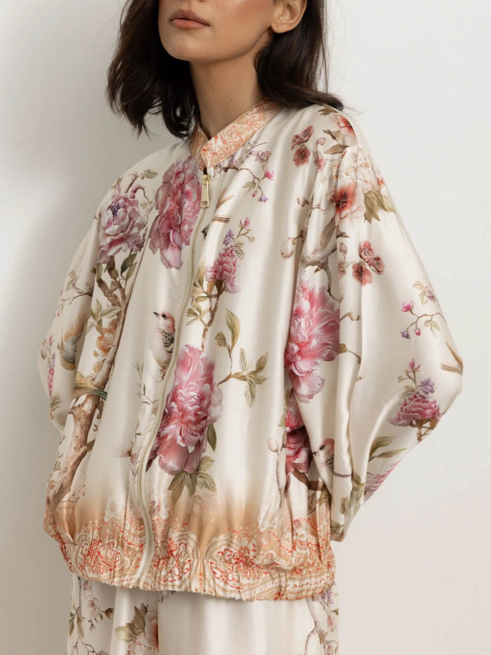 Elegant Floral Bird Print Wide Leg Pants