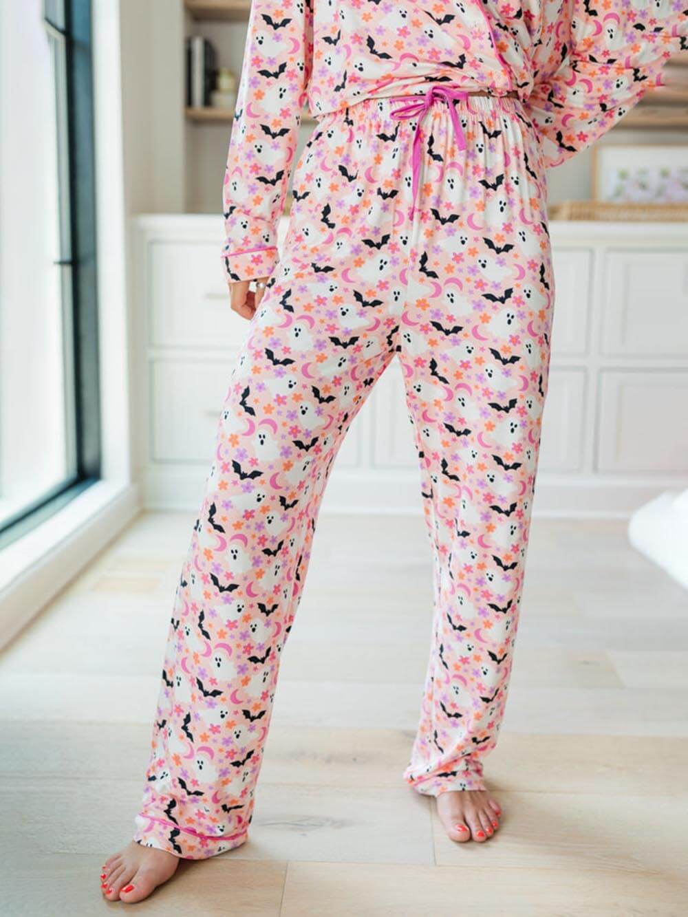 Halloween Eve wearing Haunted Honey Bat Print Pajama Set