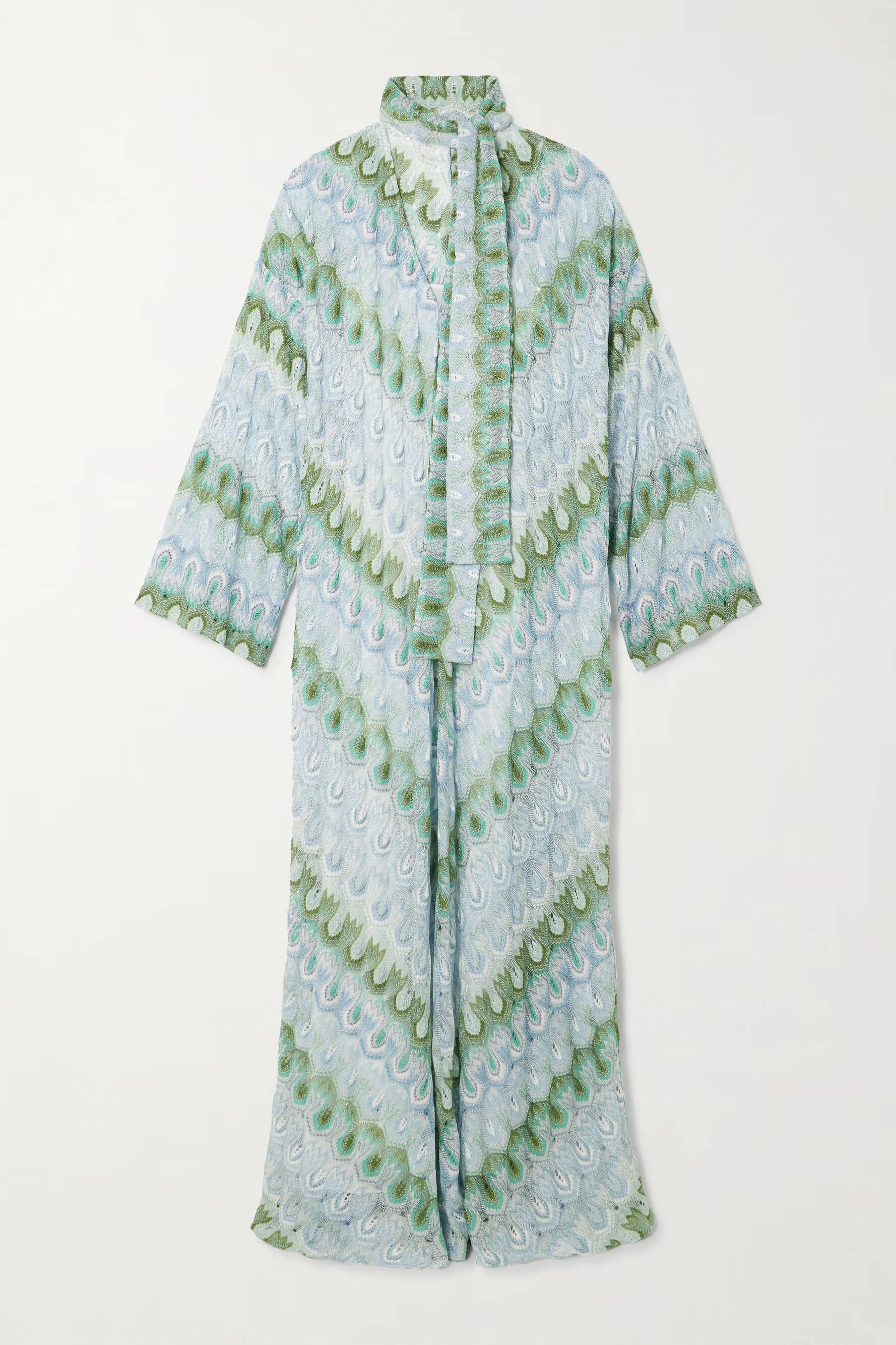 Boho Peacock Print Tie-Detail Striped Metallic Crochet Maxi Dress