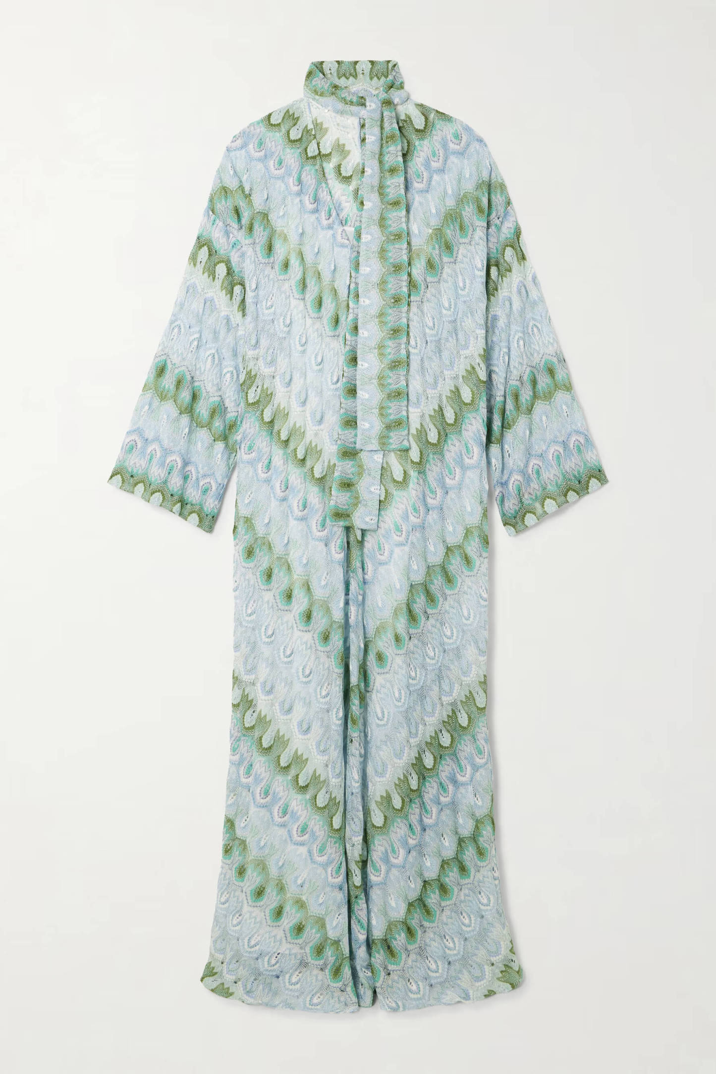 Boho Peacock Print Tie-Detail Striped Metallic Crochet Maxi Dress