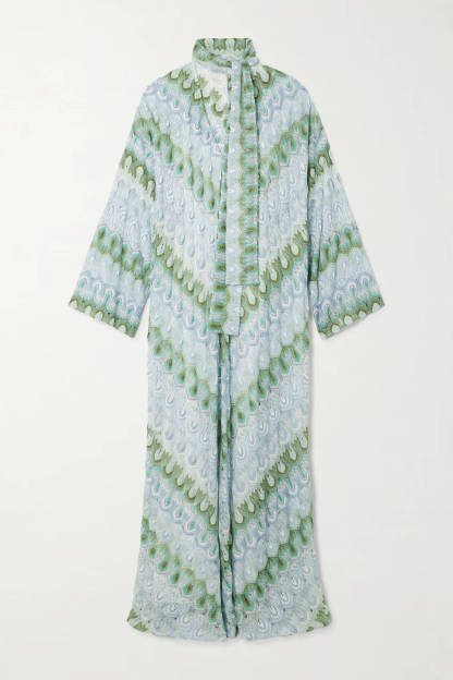 Boho Peacock Print Tie-Detail Striped Metallic Crochet Maxi Dress