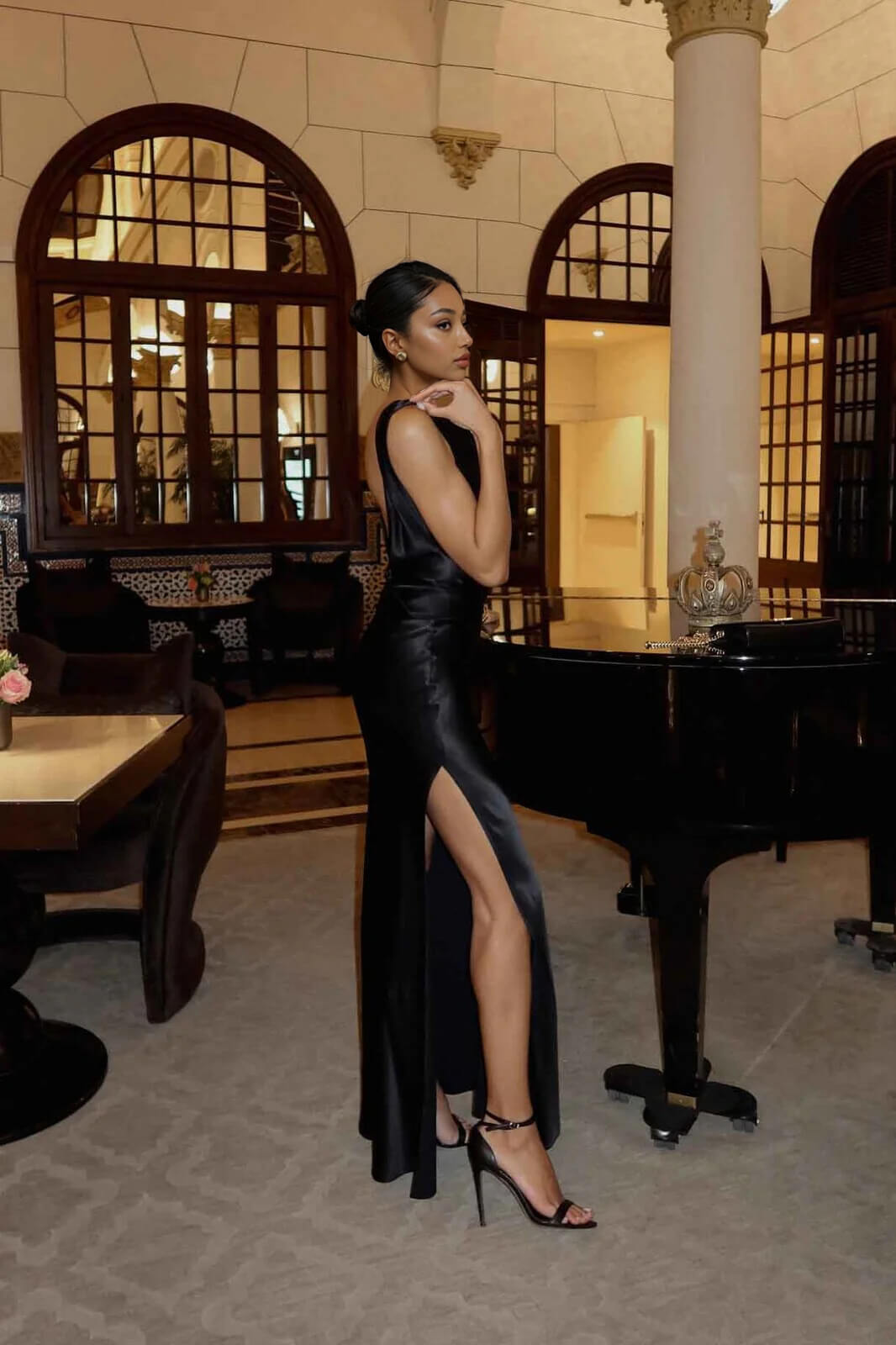 Elegant Satin Backless Side-Slit Draped Maxi Dress